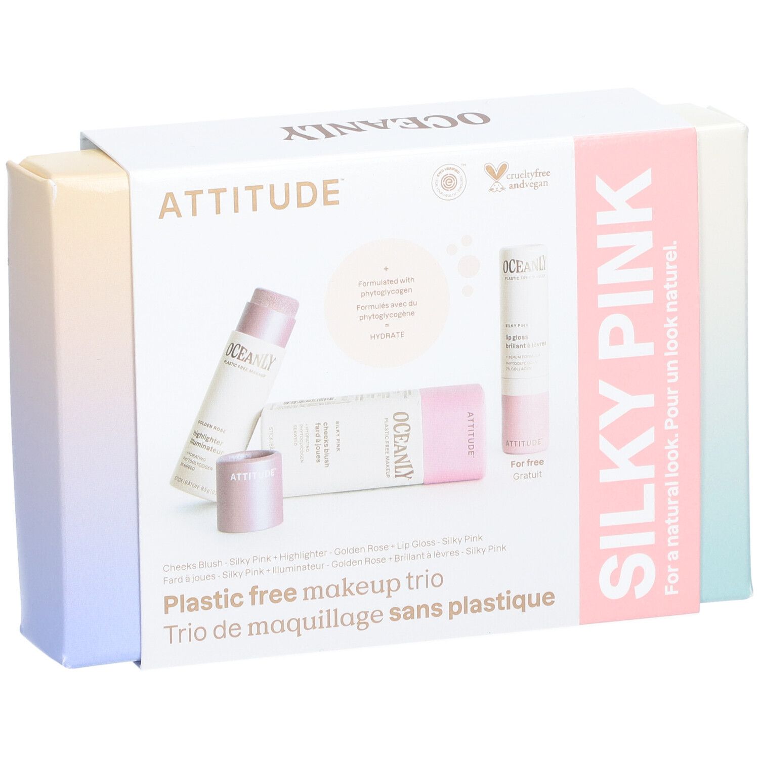 Coffret cadeau de trois produits cosmétiques. Emballage avec images et texte. Label végétalien.
