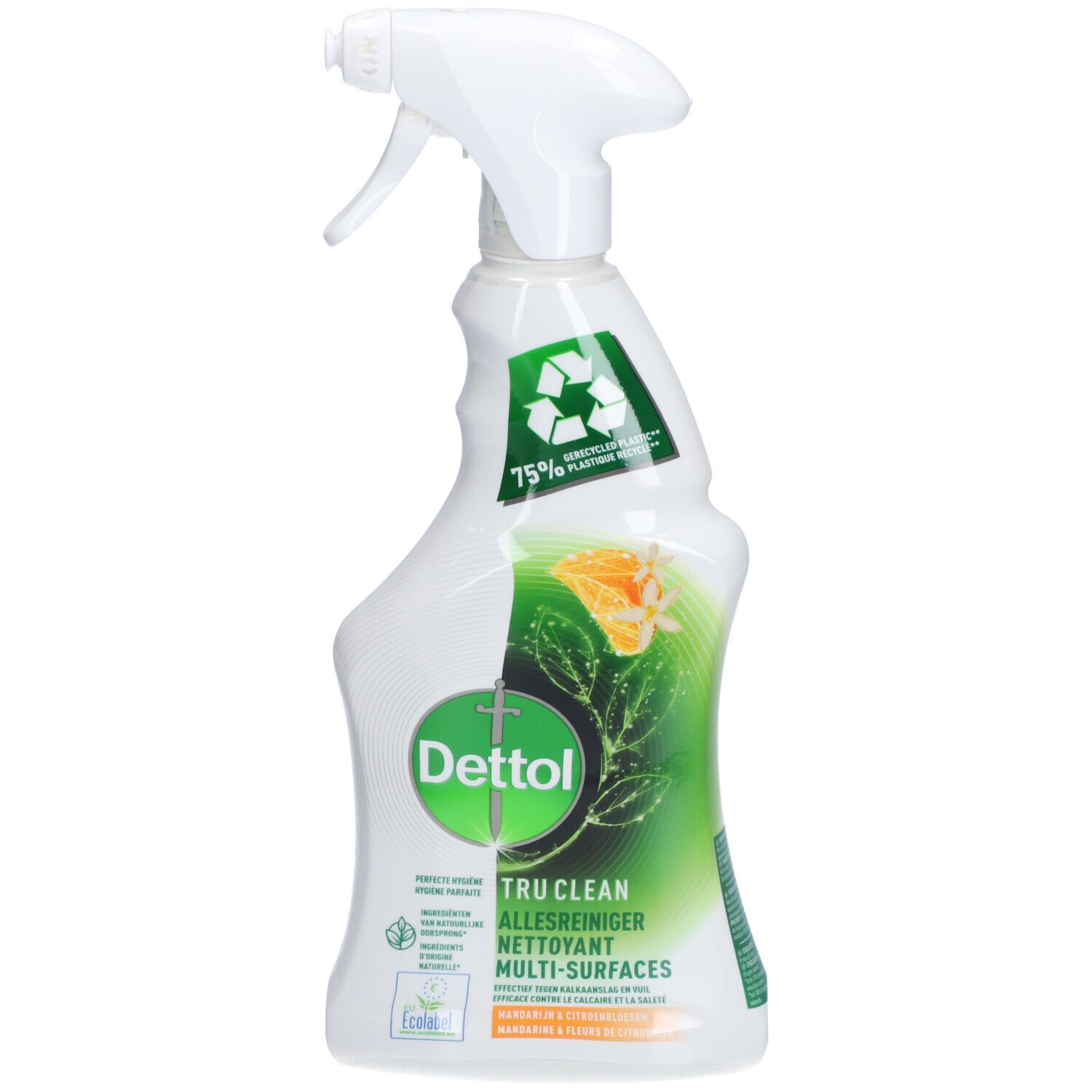 Weiß-grüne Sprühflasche mit Dettol-Logo und Produktbezeichnung. Recyceltes Material-Symbol.