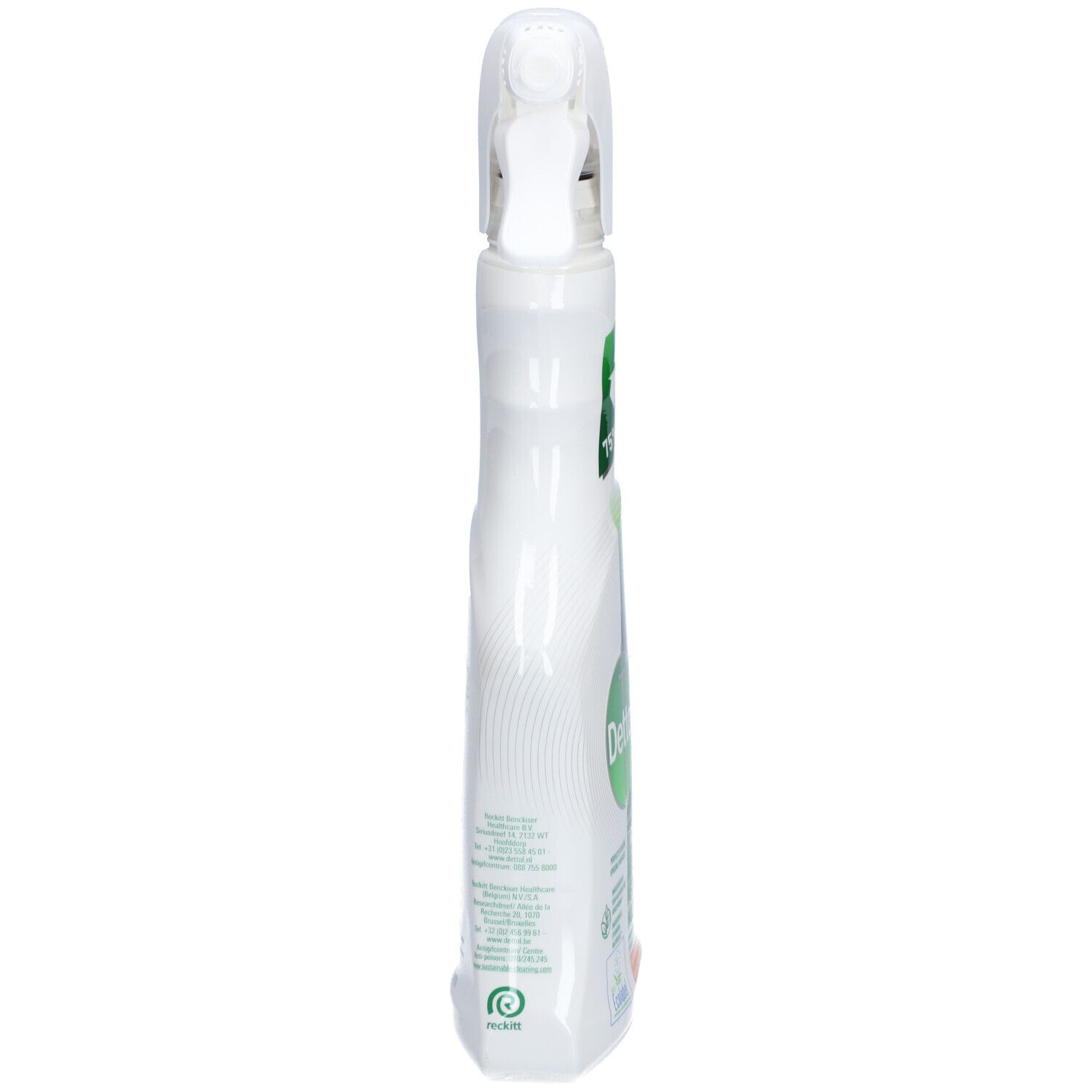 Schmale, weiße Sprühflasche mit Sprühkopf. Rückseite mit Produktinformationen und Recycling-Symbol.