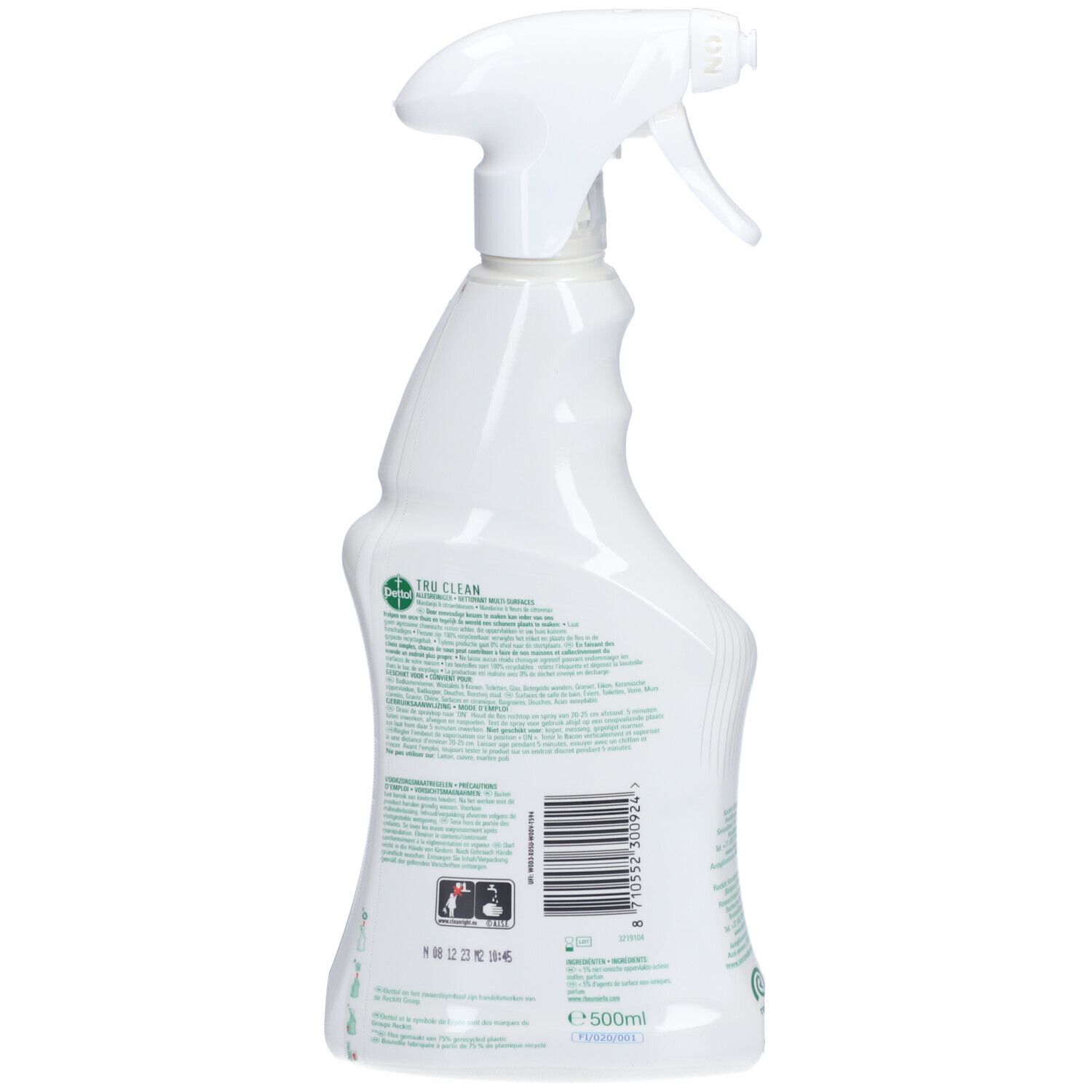 Weiße Sprühflasche mit Produktinformationen und Barcode. Dettol-Logo und Produktbezeichnung.