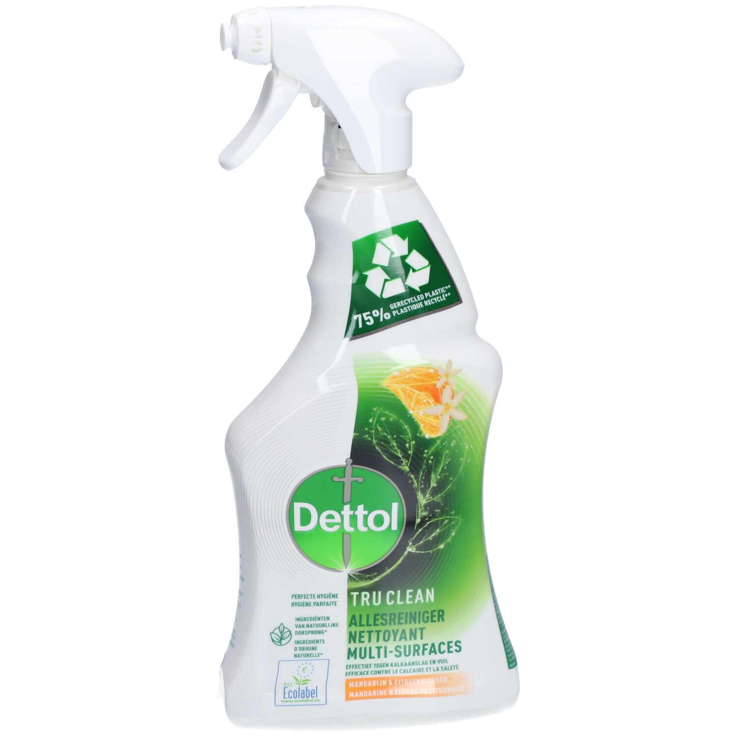 Weiße Sprühflasche mit Dettol-Logo und Produktbezeichnung. Recyceltes Material-Symbol.