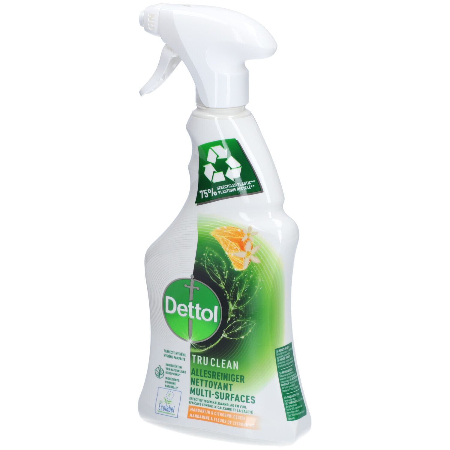 Weiße Sprühflasche mit Dettol-Logo und Produktbezeichnung. Recyceltes Material-Symbol.