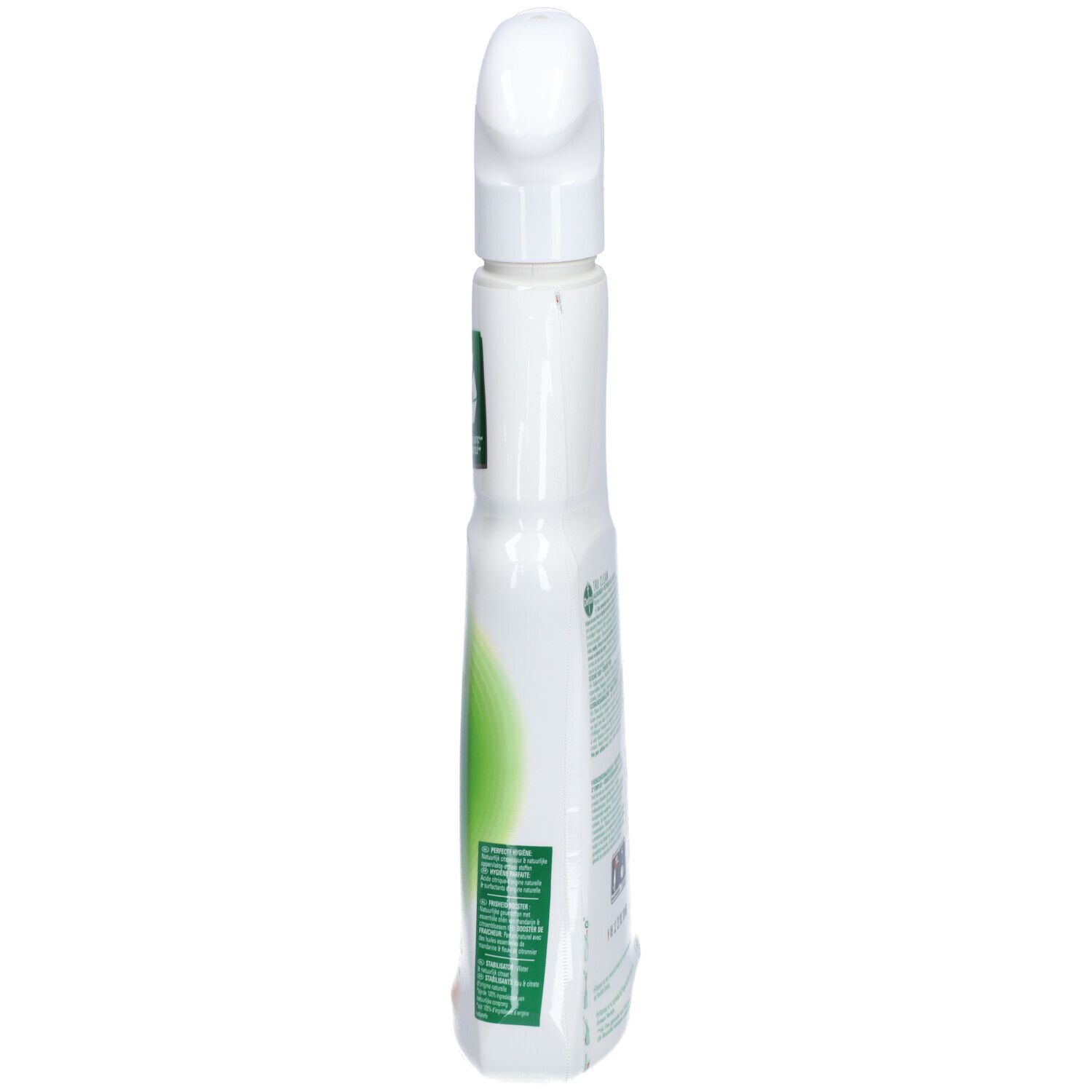 Schmale, weiße Sprühflasche mit Sprühkopf. Rückseite mit Produktinformationen.