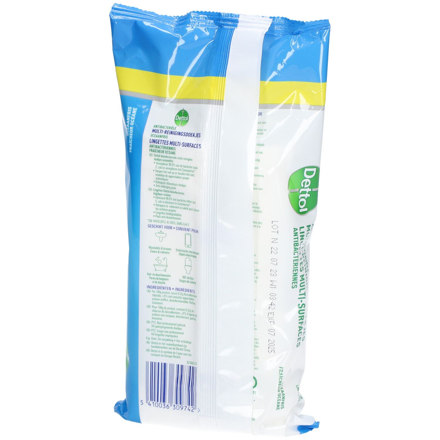 Dos du paquet de lingettes. Emballage bleu et blanc avec texte et code-barres. Logo Dettol.