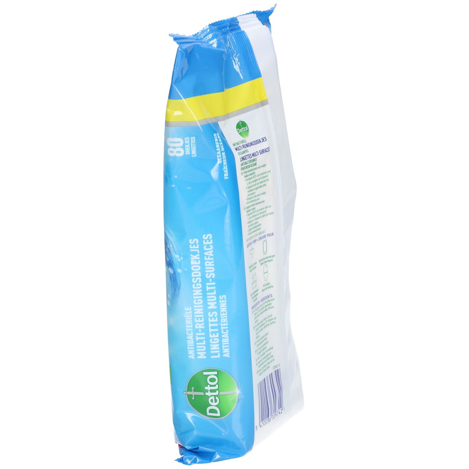 Vue oblique du paquet de lingettes. Emballage bleu et blanc avec logo Dettol et texte. 80 lingettes.