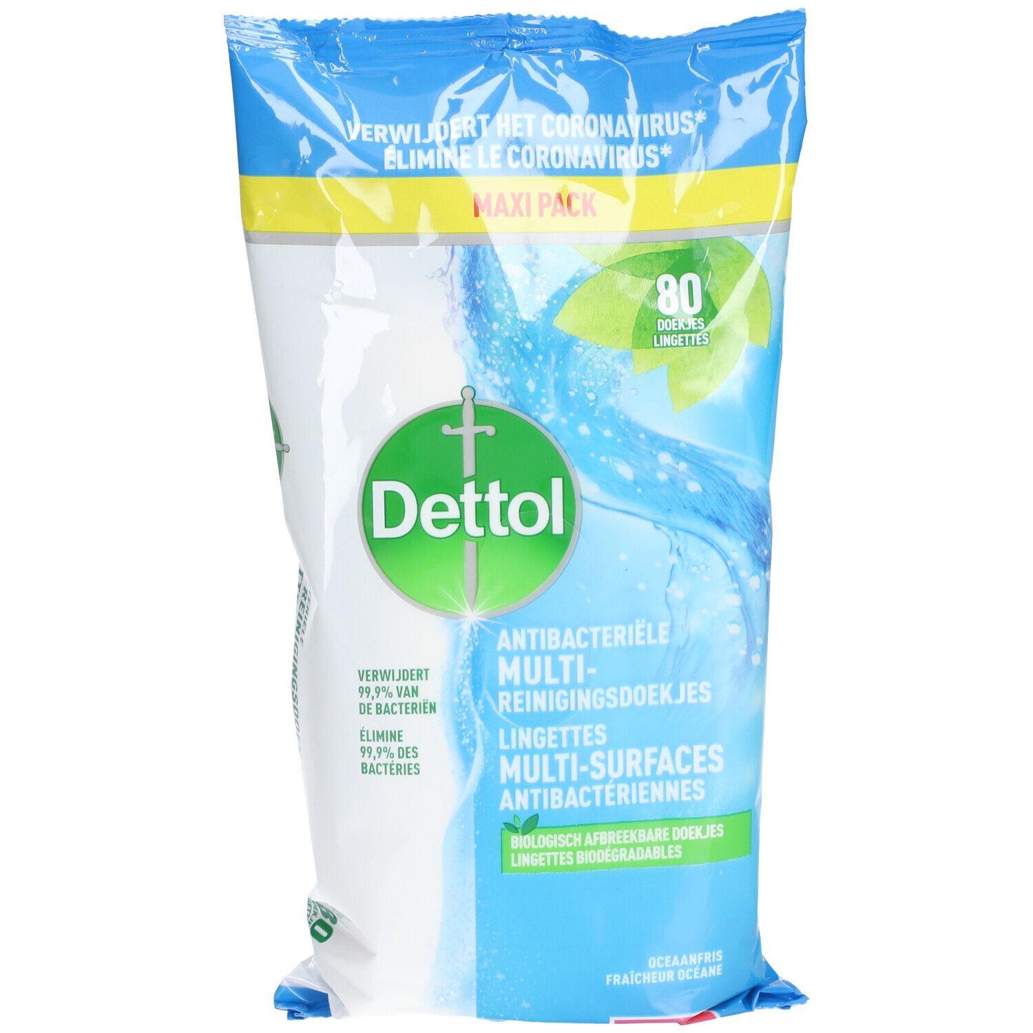 Paquet de lingettes nettoyantes. Emballage bleu et blanc avec logo Dettol et texte. Contient 80 lingettes.