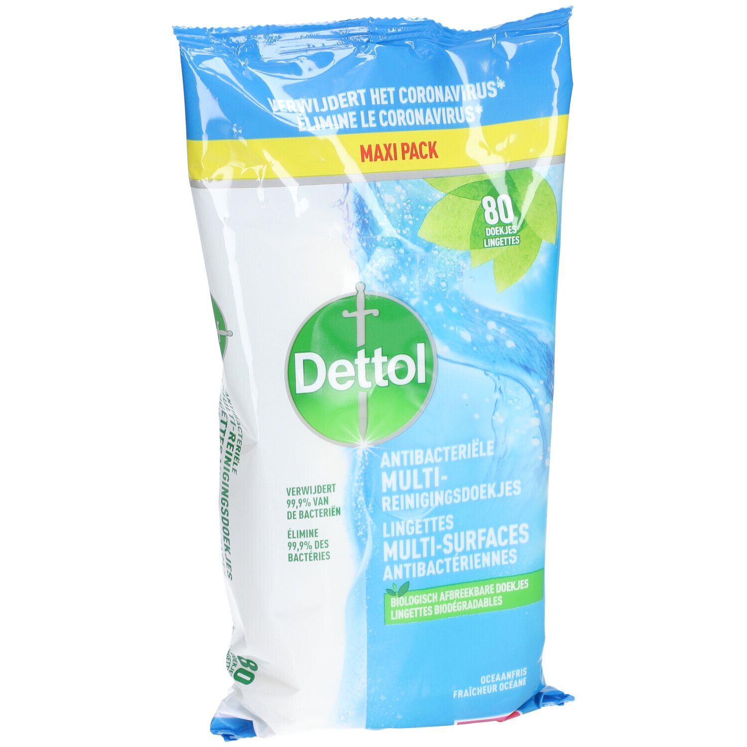 Paquet de lingettes nettoyantes. Emballage bleu et blanc avec logo Dettol et texte. Contient 80 lingettes.