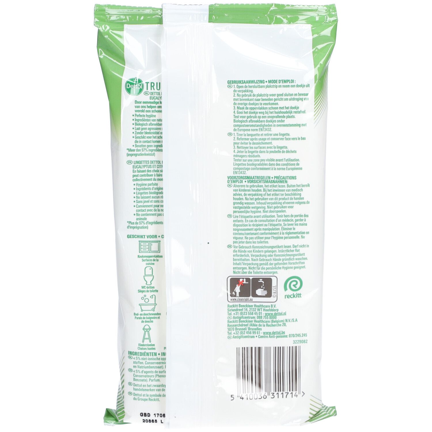 Verpackung von Reinigungstüchern. Grün-weiße Folie mit Text und Logos. Rückseite mit Gebrauchsanweisung und Inhaltsstoffen.