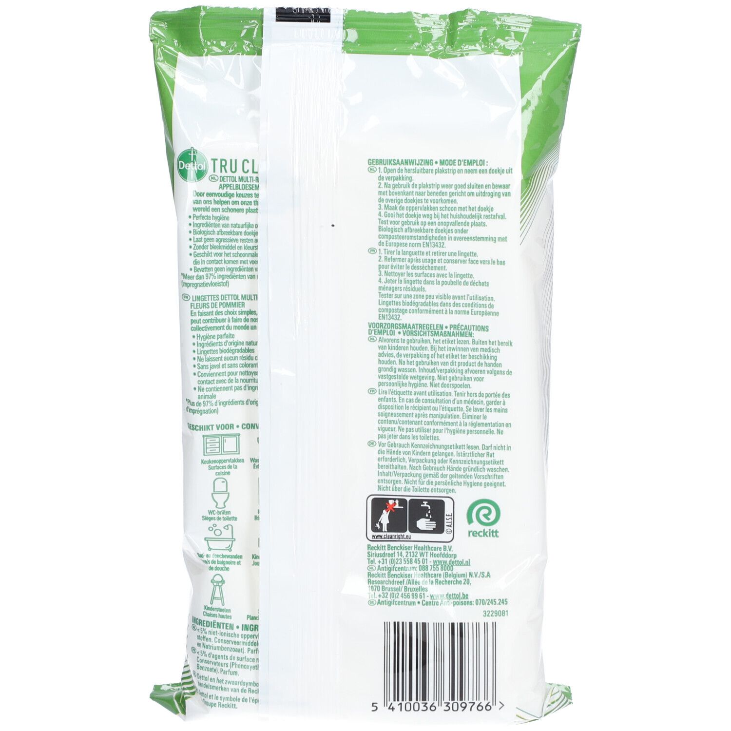 Dos du paquet vert "Dettol Tru Clean". Texte multilingue. Illustrations.
