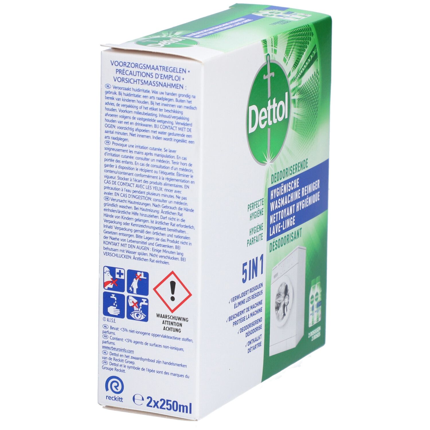 Dettol nettoyant hygiénique lave-linge. Emballage avec textes et pictogrammes. Avertissements et instructions d'utilisation.