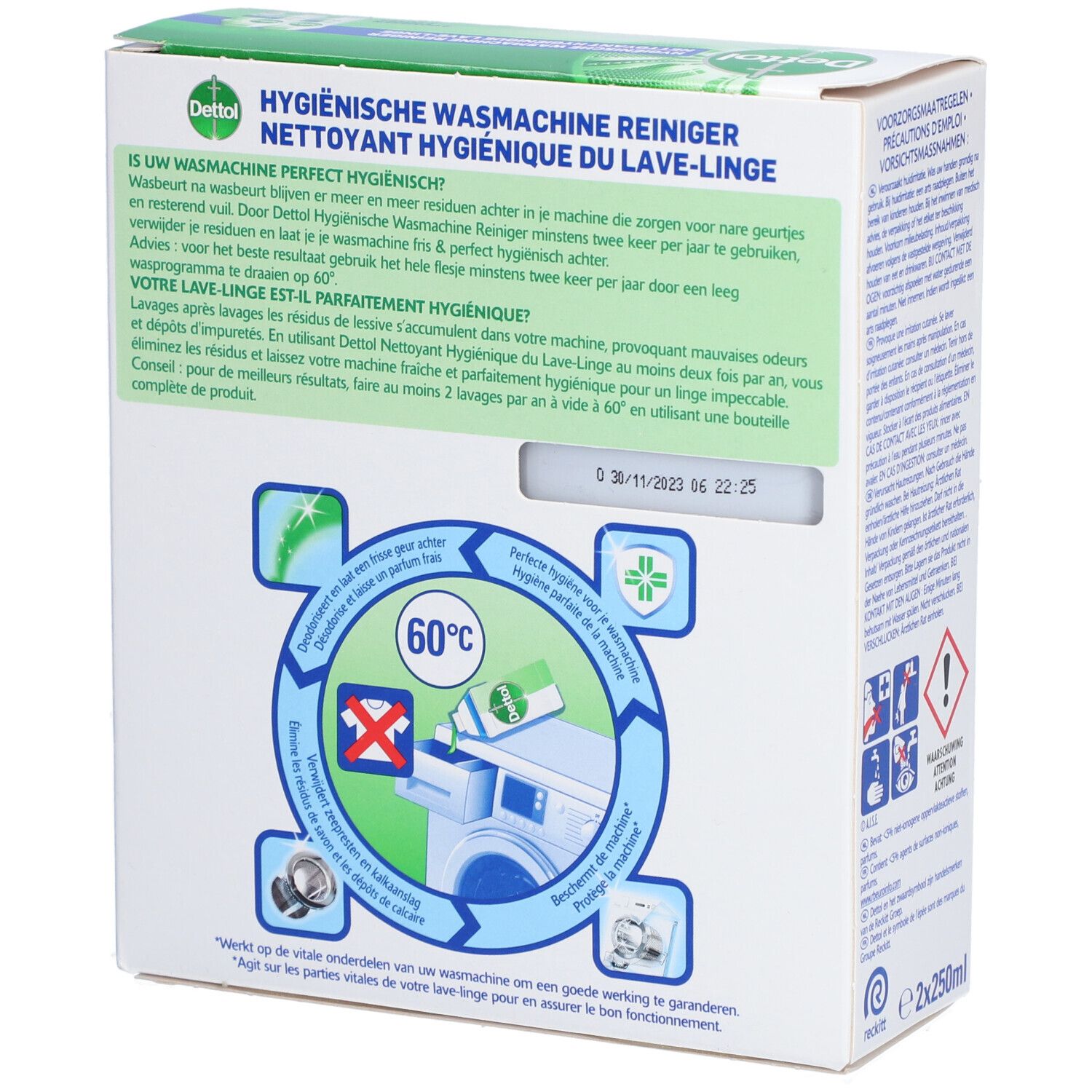 Dettol nettoyant hygiénique lave-linge. Verso de l'emballage avec instructions et pictogrammes. Instructions d'utilisation.