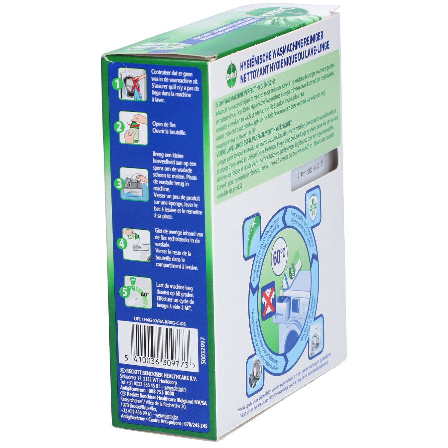 Dettol nettoyant hygiénique lave-linge. Emballage avec instructions et pictogrammes. Instructions d'utilisation.