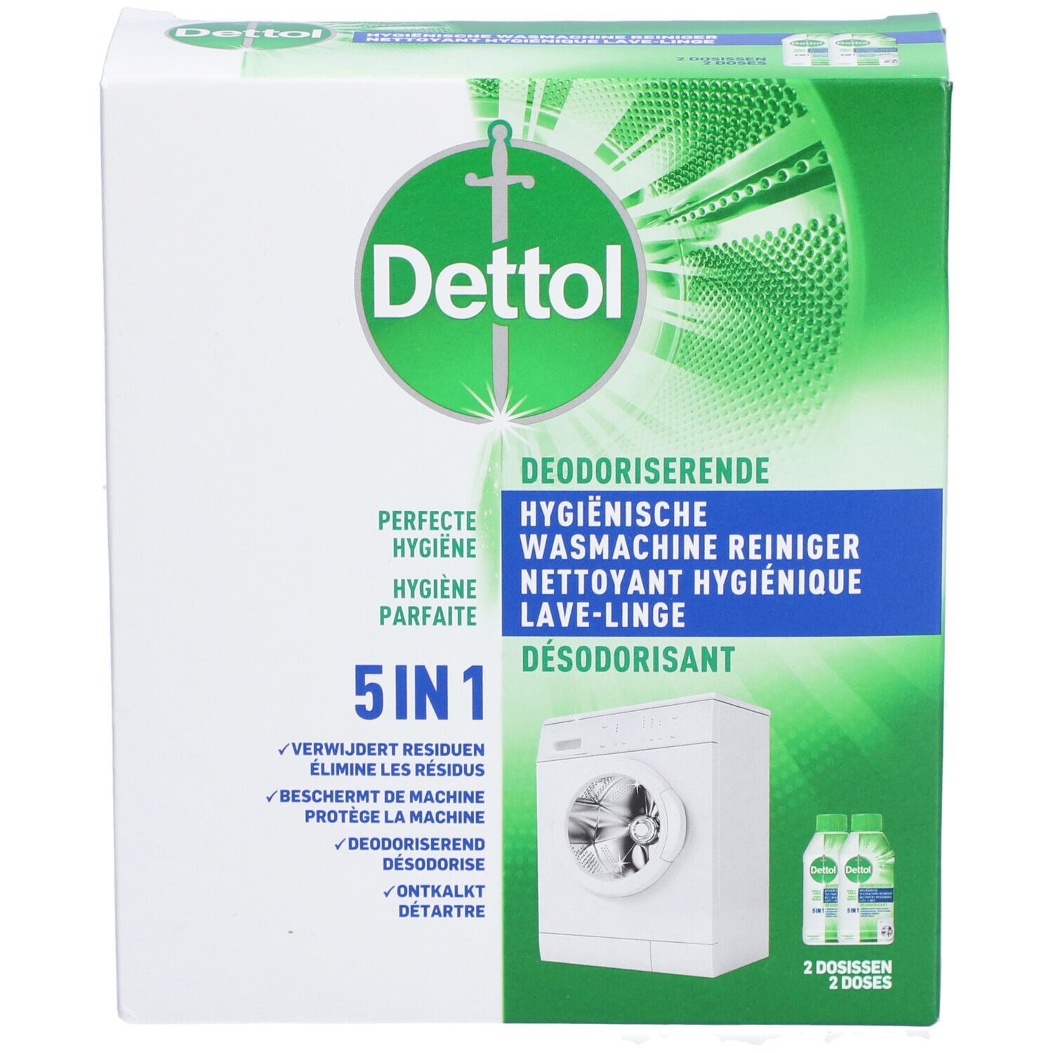 Dettol nettoyant hygiénique lave-linge. Emballage avec image du produit et 2 flacons. Texte: 5 en 1, désodorisant, hygiénique.