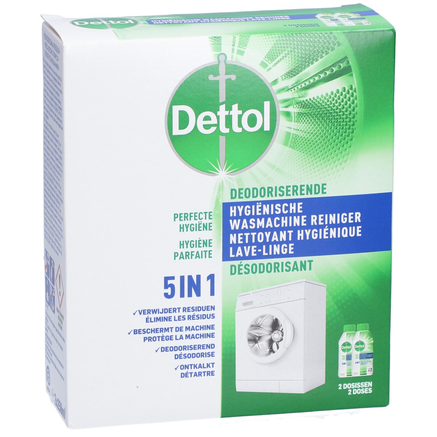 Dettol nettoyant hygiénique lave-linge. Emballage avec image du produit et 2 flacons. Texte: 5 en 1, désodorisant, hygiénique.
