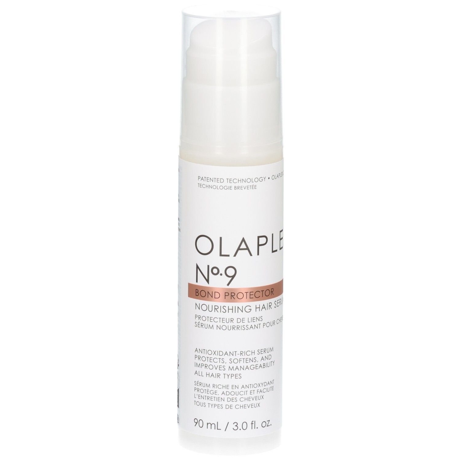 Olaplex No. 9 Bond Protector Nourishing Hair Serum in weißer Flasche mit Pumpspender, 90 ml.