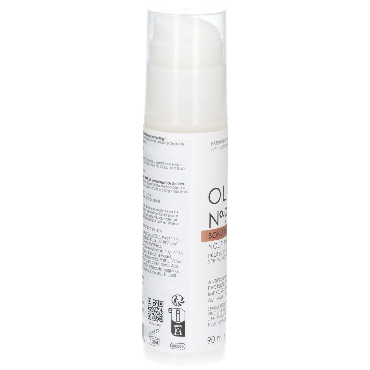 Rückseite der Olaplex No. 9 Flasche mit Inhaltsstoffen und Anwendungshinweisen, 90 ml.