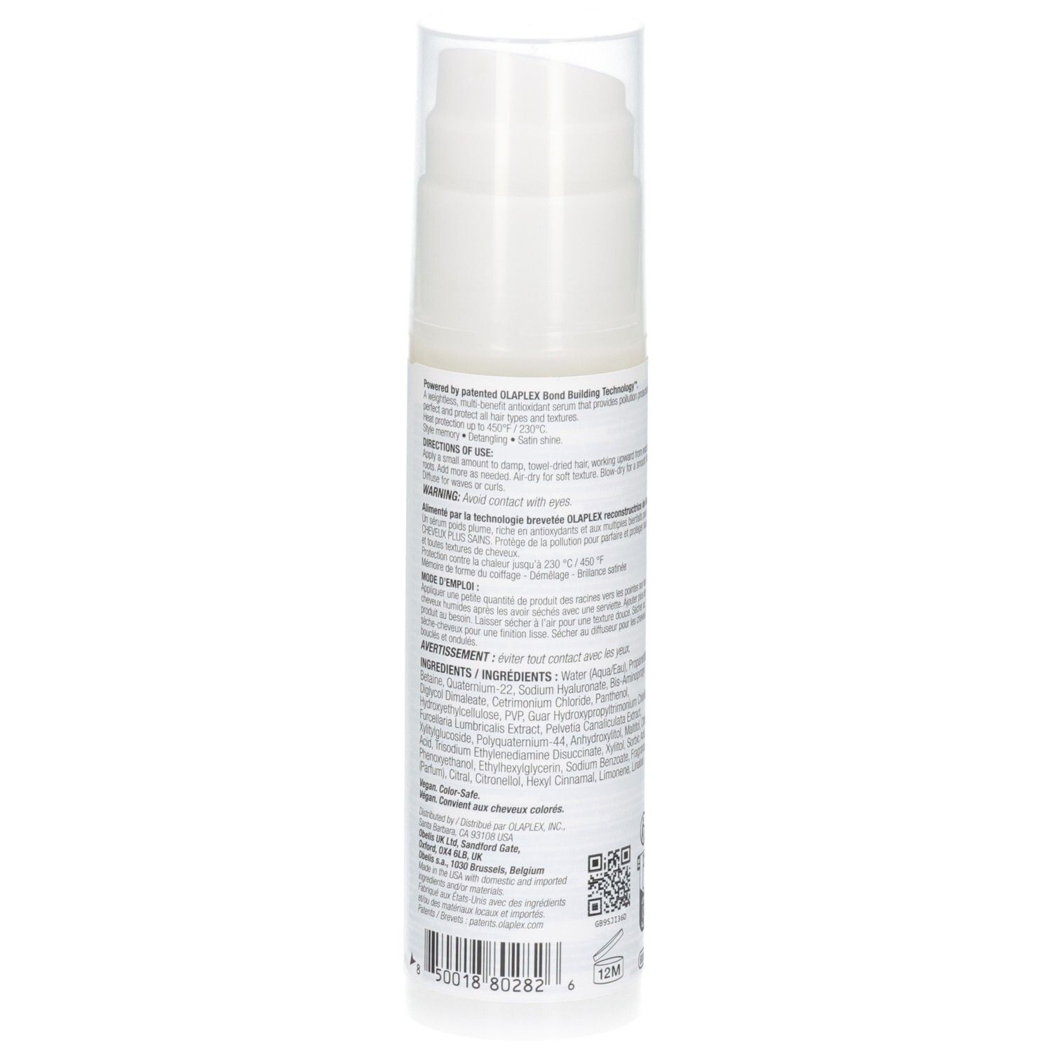 Rückseite der Olaplex No. 9 Flasche mit detaillierten Inhaltsstoffen und Barcode, 90 ml.