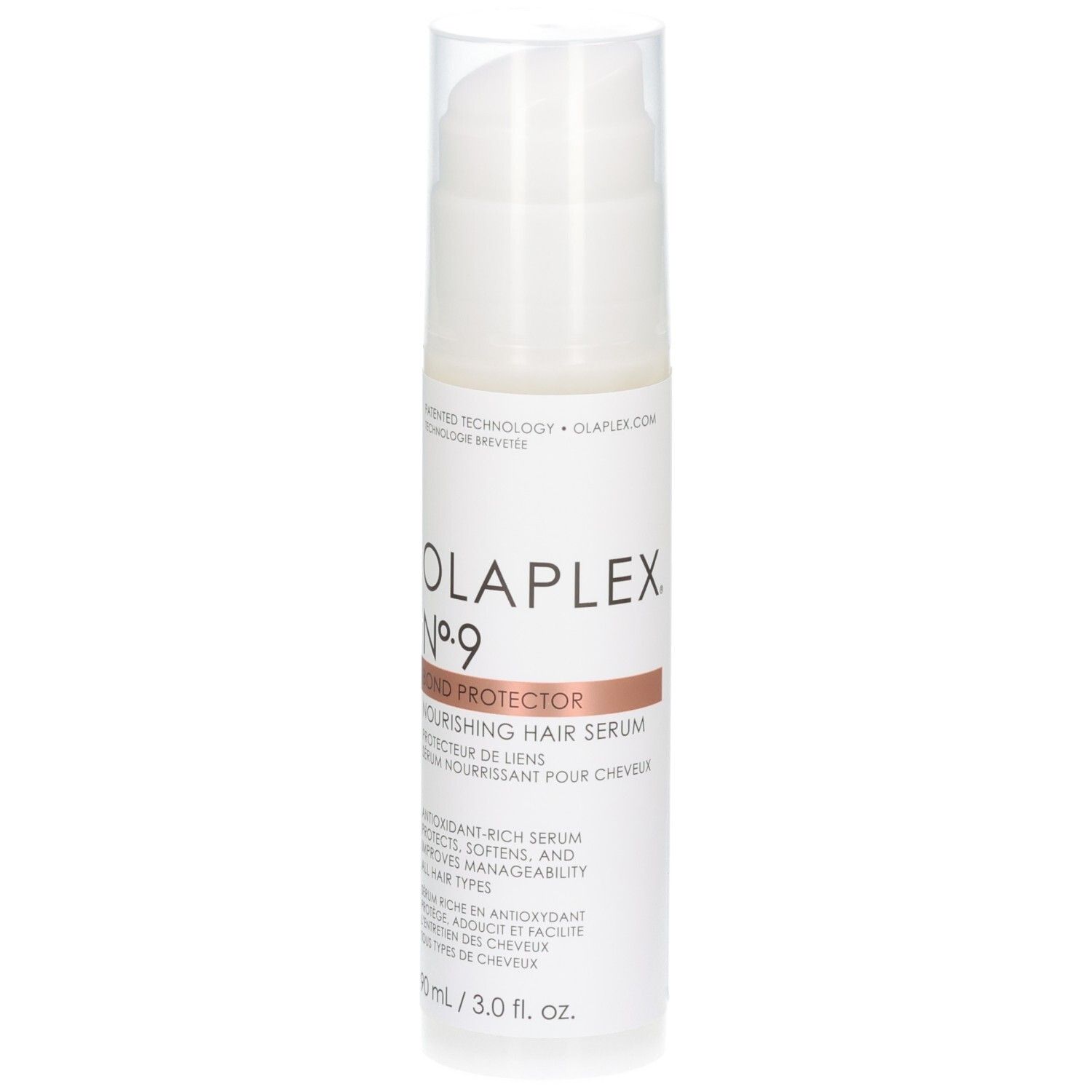 Olaplex No. 9 Bond Protector Nourishing Hair Serum in weißer Flasche mit Pumpspender, 90 ml.