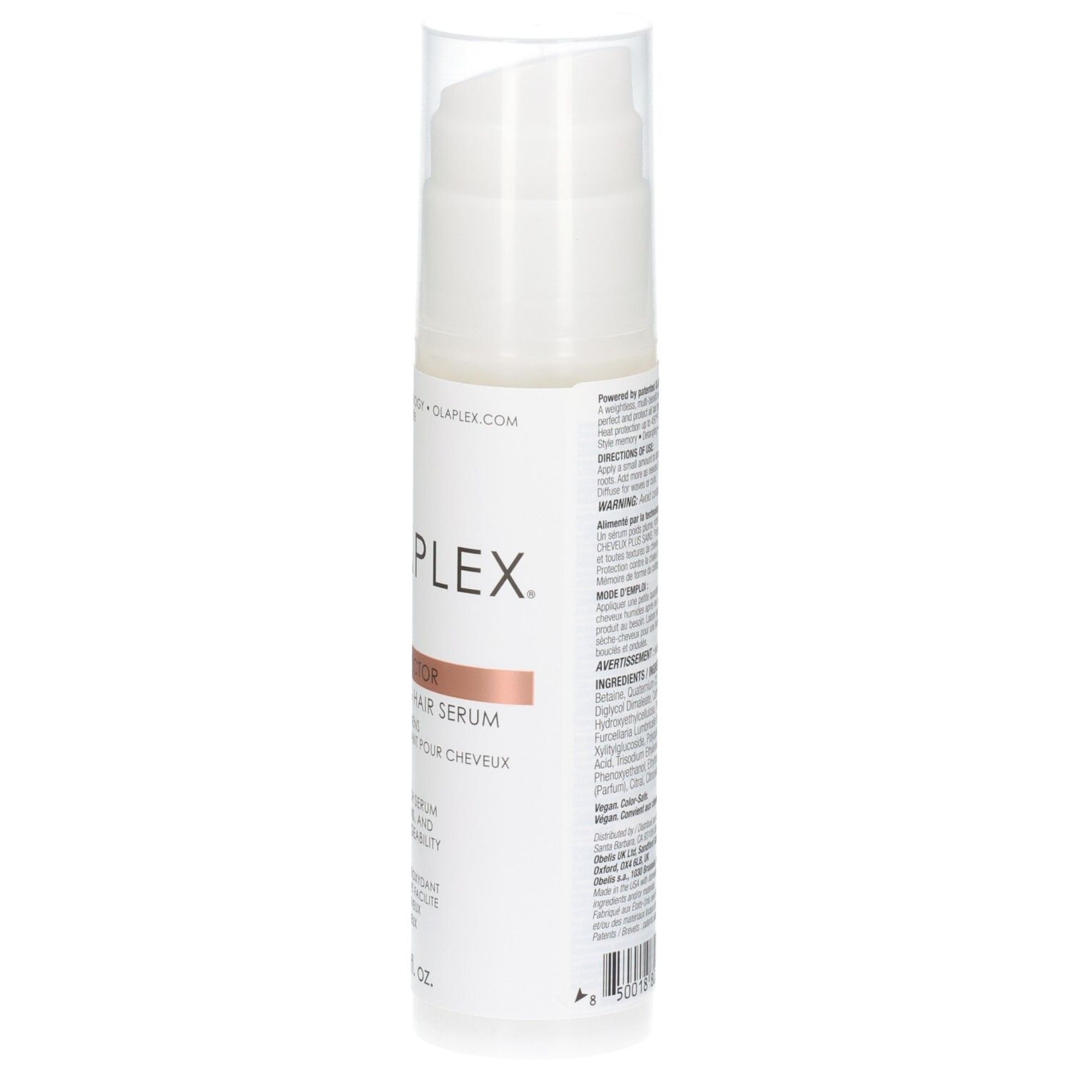 Seitenansicht der Olaplex No. 9 Flasche mit Text und Pumpspender, 90 ml.