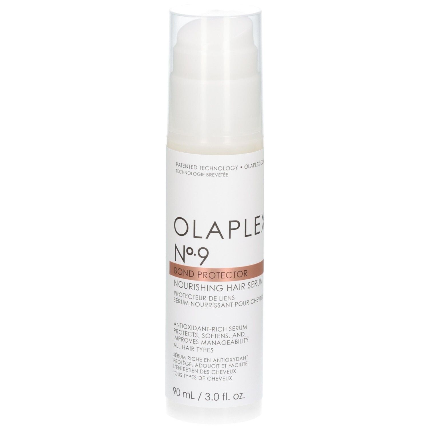 Olaplex No. 9 Bond Protector Nourishing Hair Serum in weißer Flasche mit Pumpspender, 90 ml.