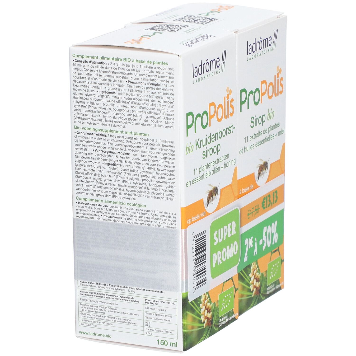 Deux boîtes Ladrôme Propolis Bio. Dos avec texte et ingrédients. Label bio. Super Promo. 150 ml.