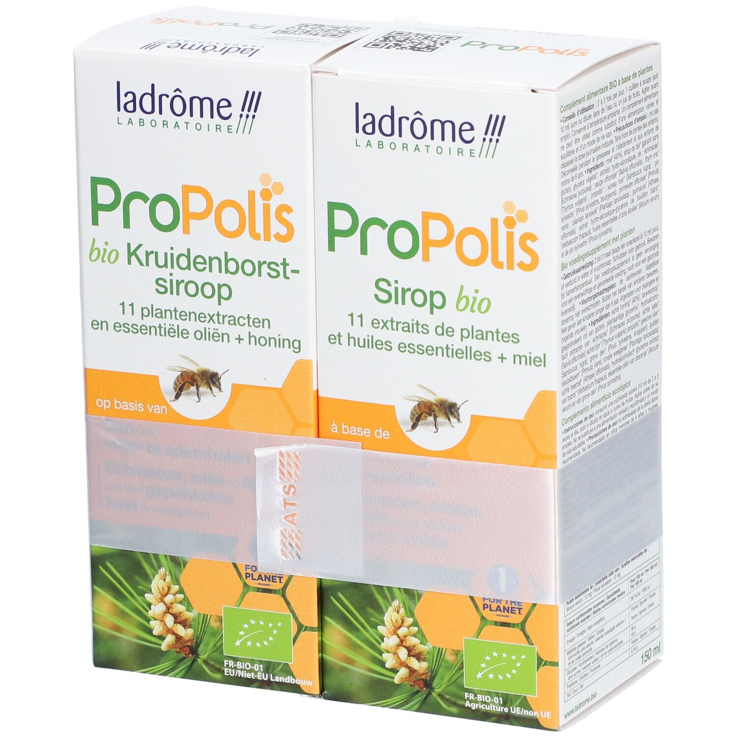 Deux boîtes Ladrôme Propolis Bio. Face avant avec inscriptions : Propolis, sirop, 11 extraits de plantes, miel. Label bio.