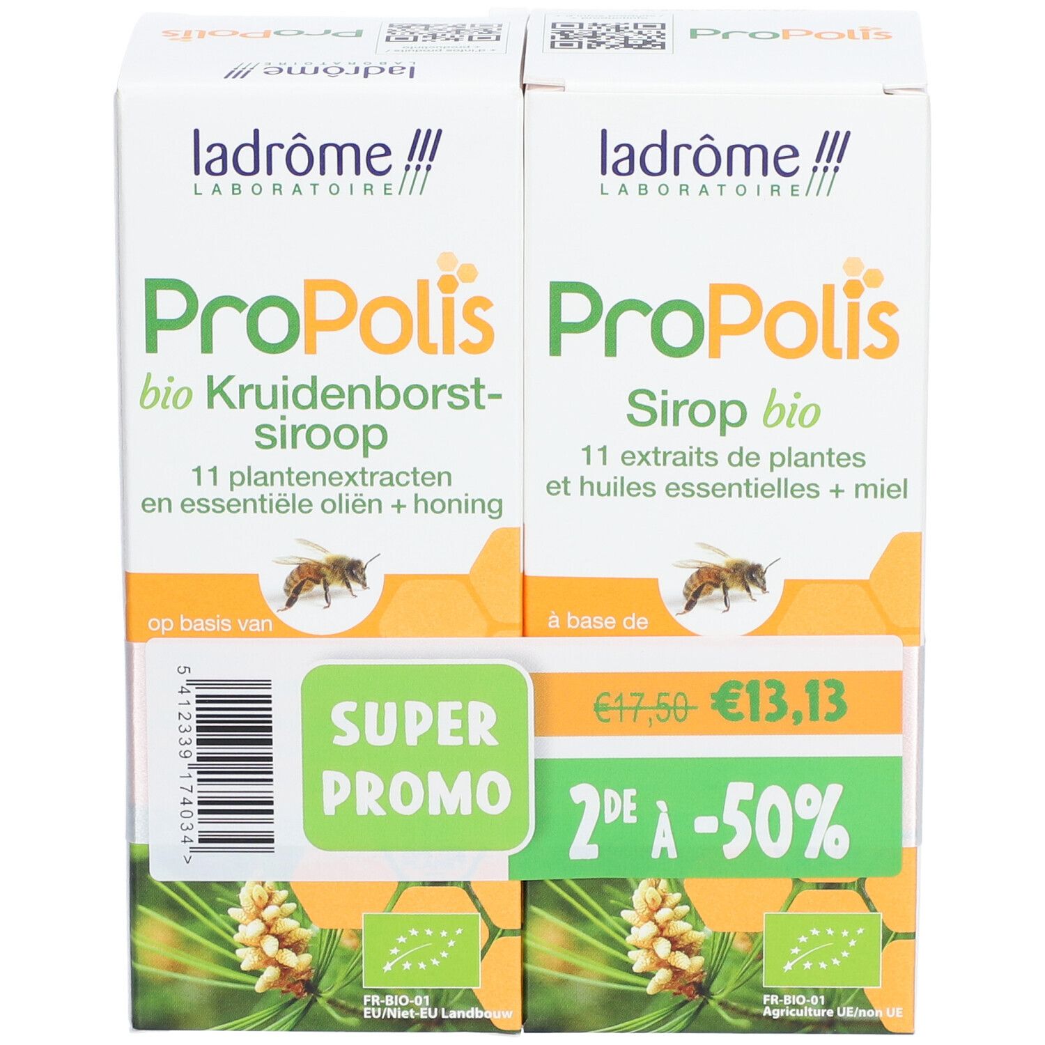 Deux boîtes Ladrôme Propolis Bio. Inscriptions : Propolis, sirop, 11 extraits de plantes, miel. Label bio. Super Promo.