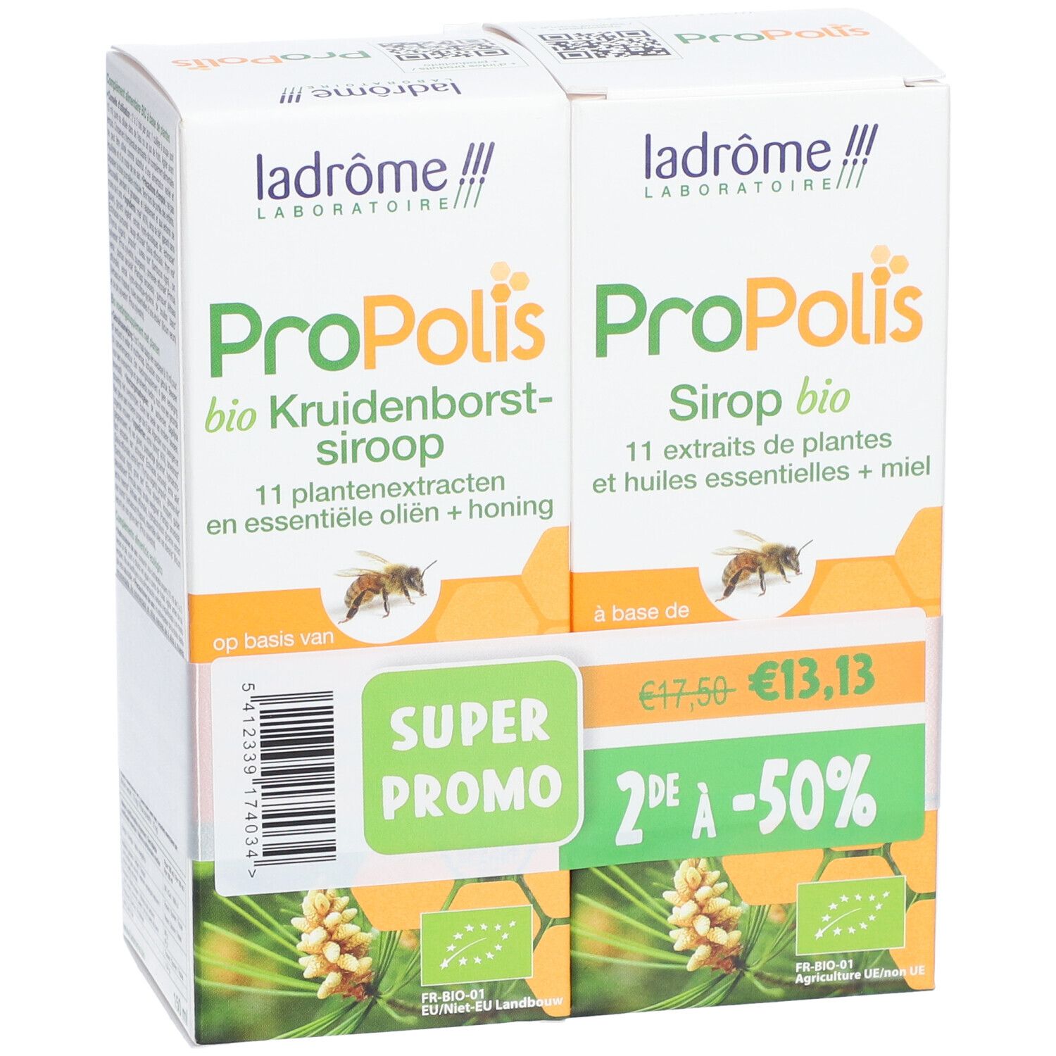 Deux boîtes Ladrôme Propolis Bio. Inscriptions : Propolis, sirop, 11 extraits de plantes, miel. Label bio. Super Promo.