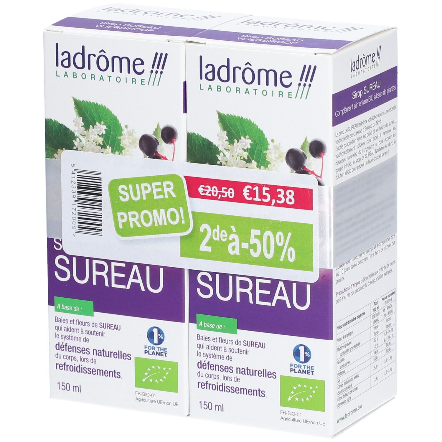 Verpackung mit zwei Kartons. Aufdruck: ladrome, Sureau, Bio-Kräutersirup. Angebotspreis: 15,38€ statt 20,50€. Bio-Siegel.