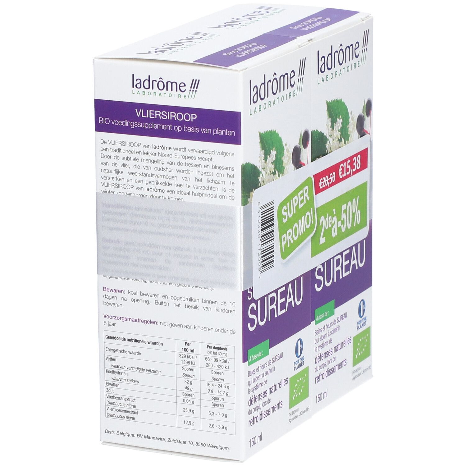 Karton mit Aufdruck: ladrome, VLIERSIROOP, Bio-Kräutersirup. Rückseite mit Nährwertangaben und Text. Bio-Siegel.