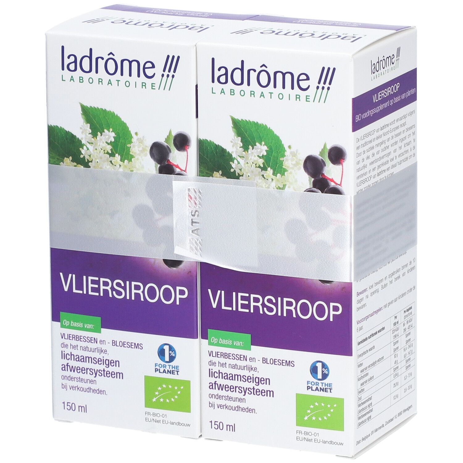 Verpackung mit zwei Kartons. Aufdruck: ladrome, VLIERSIROOP, Bio-Kräutersirup. Bio-Siegel. 150 ml.