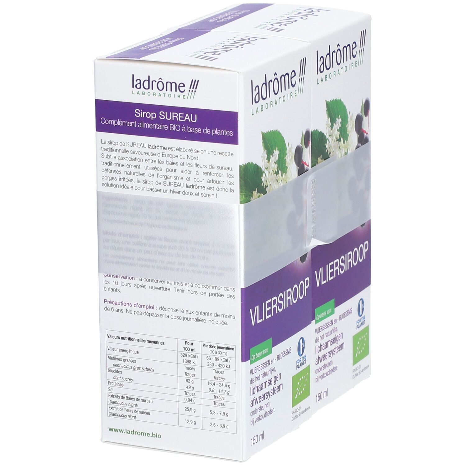 Karton mit Aufdruck: ladrome, VLIERSIROOP, Bio-Kräutersirup. Rückseite mit Nährwertangaben und Text. Bio-Siegel.