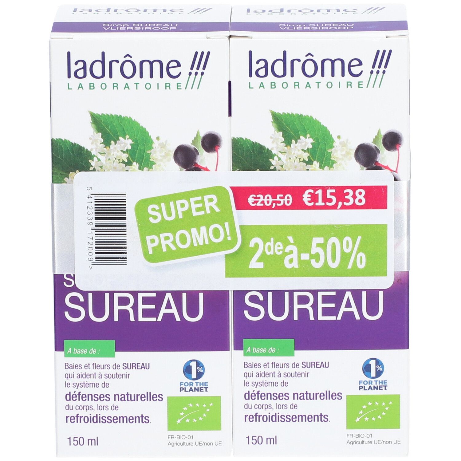 Verpackung mit zwei Kartons. Aufdruck: ladrome, Sureau, Bio-Kräutersirup. Angebotspreis: 15,38€ statt 20,50€. Bio-Siegel.