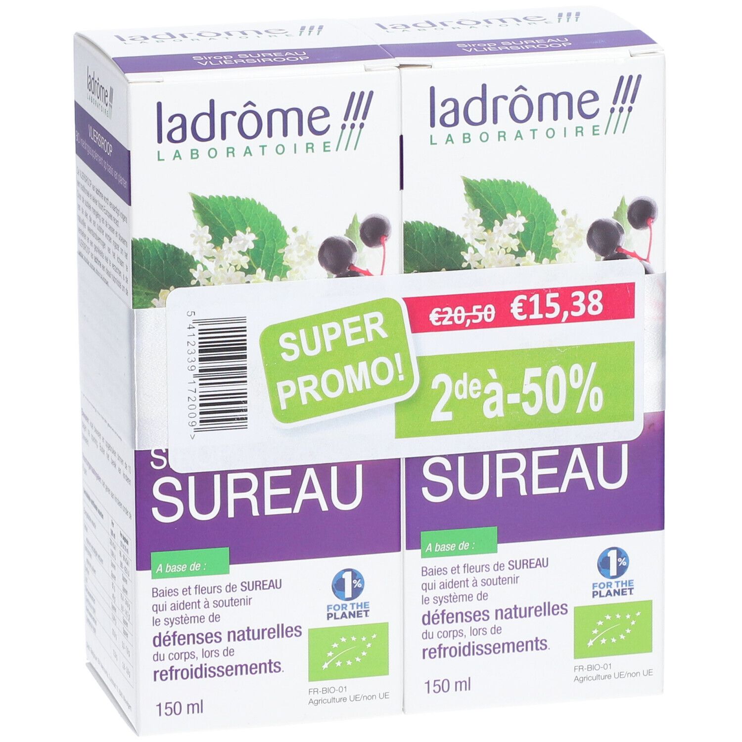 Verpackung mit zwei Kartons. Aufdruck: ladrome, Sureau, Bio-Kräutersirup. Angebotspreis: 15,38€ statt 20,50€. Bio-Siegel.