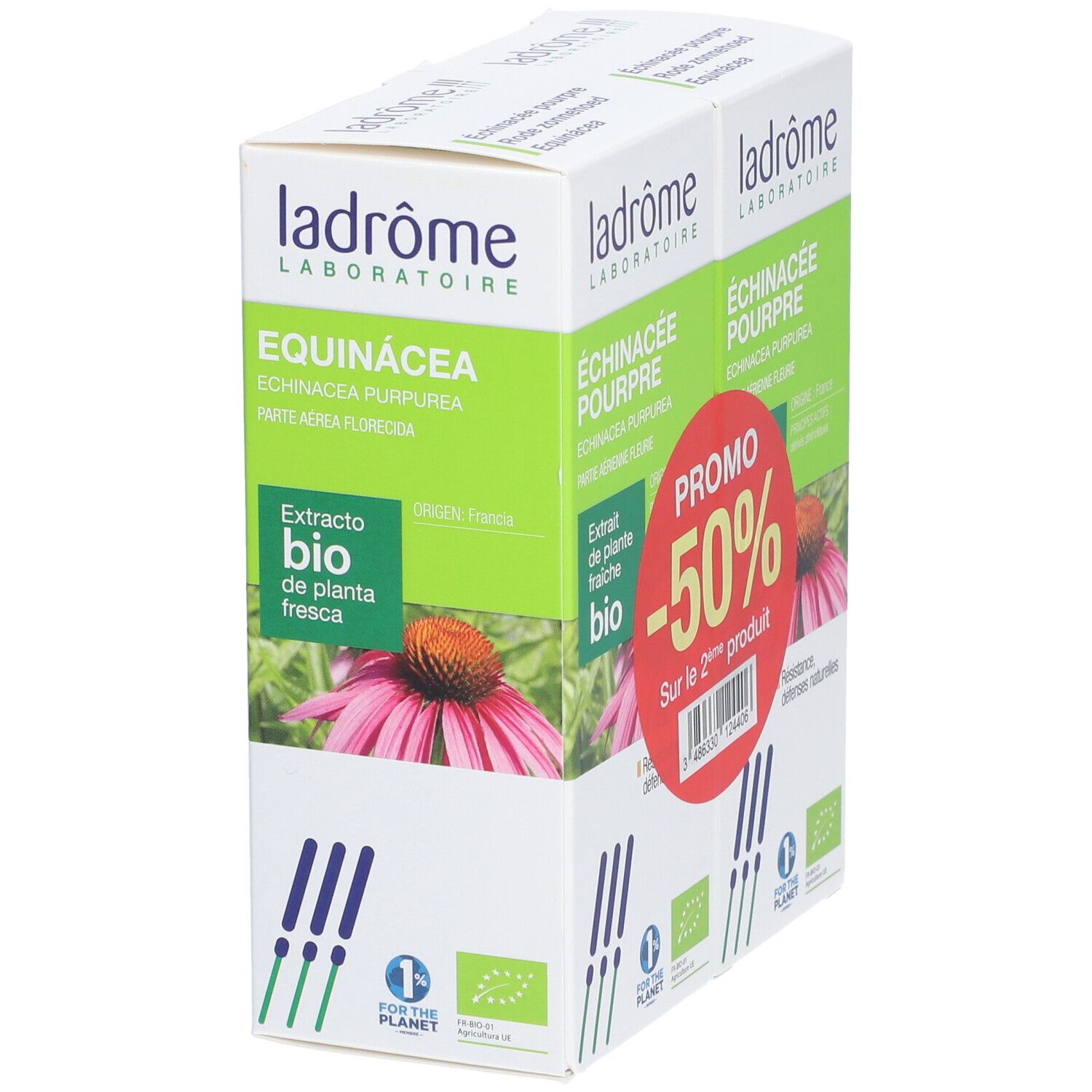 Boîte blanche et verte avec inscription : Échinacée Pourpre, certification bio, Promo -50%. Fleur violette illustrée.