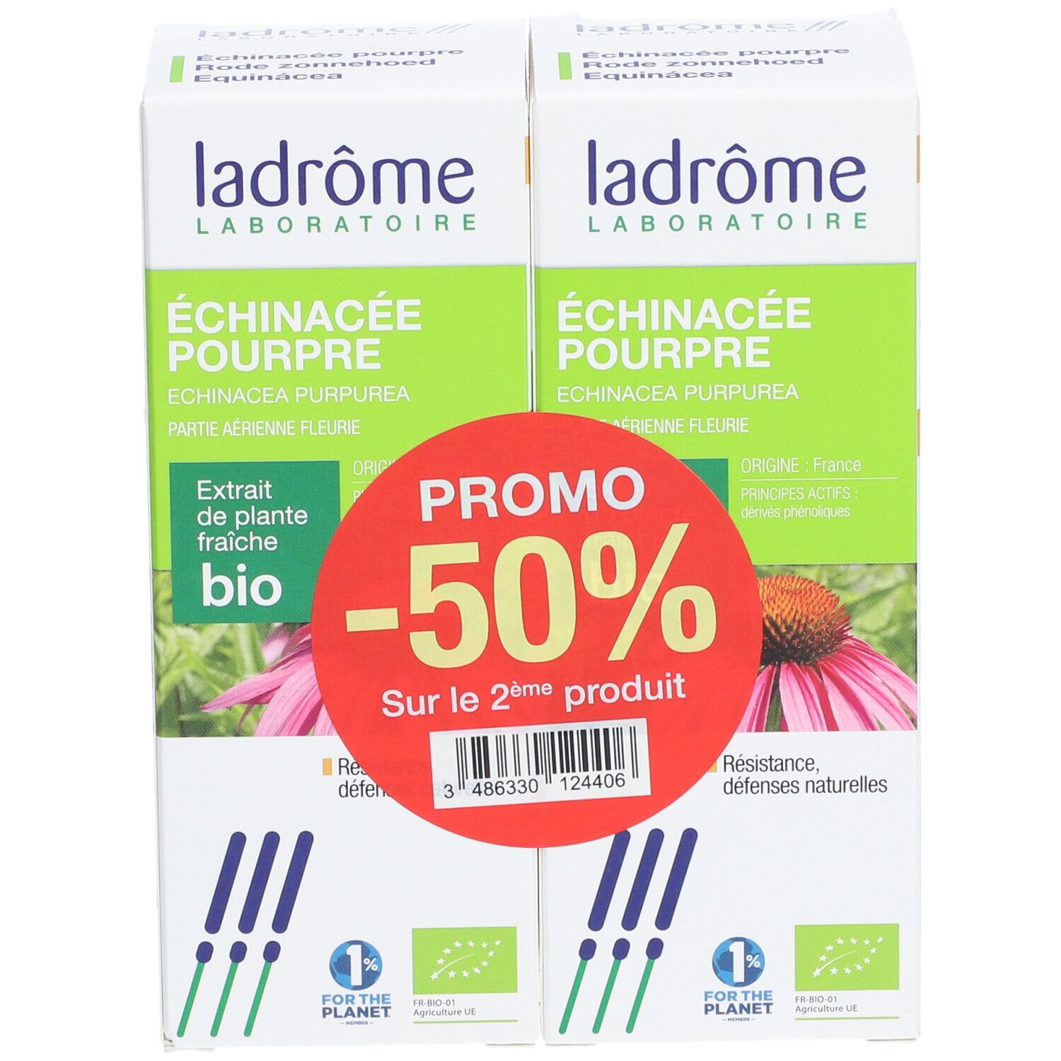 Deux boîtes, emballage blanc et vert. Inscription : Échinacée Pourpre, certification bio, Promo -50%.