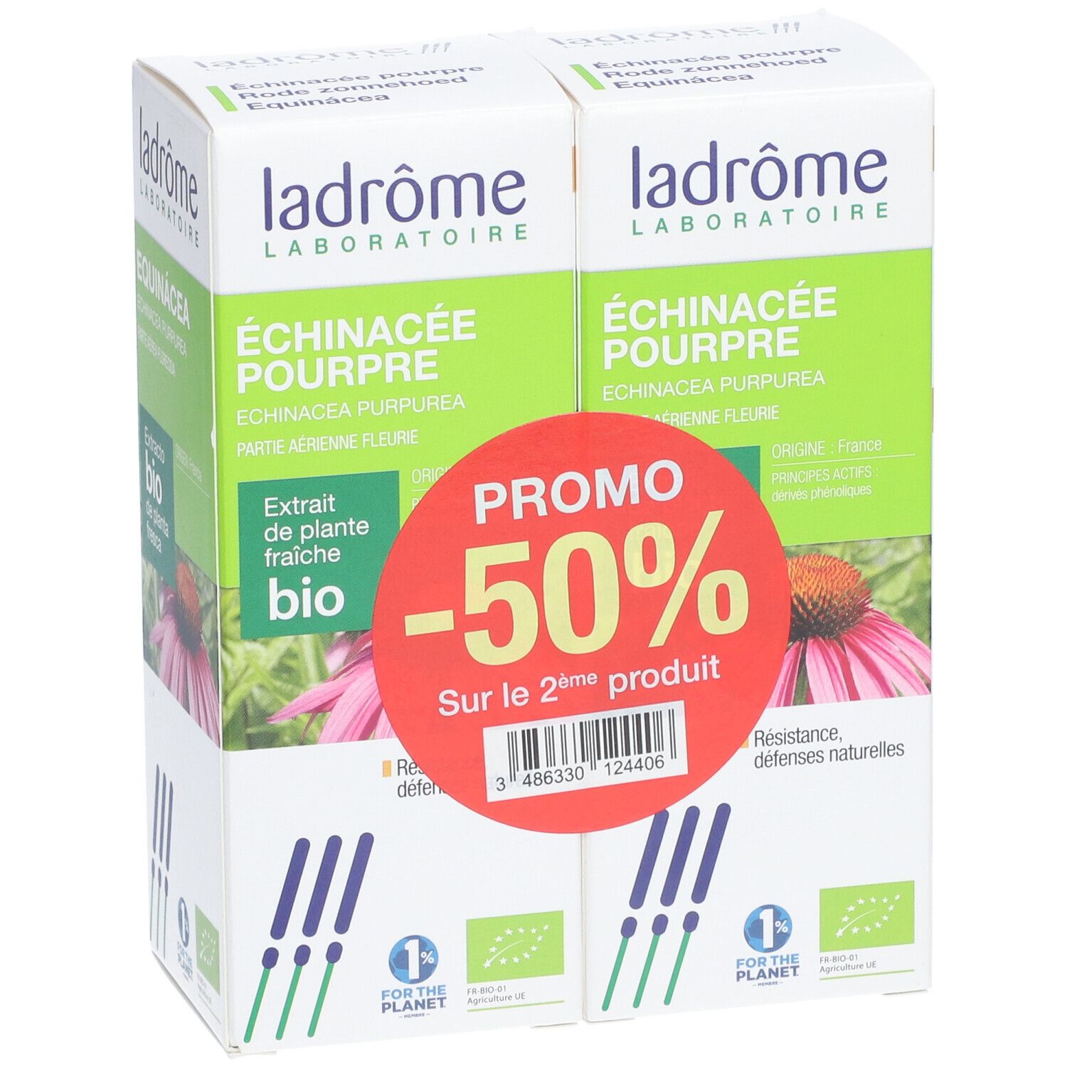 Deux boîtes, emballage blanc et vert. Inscription : Échinacée Pourpre, certification bio, Promo -50%.