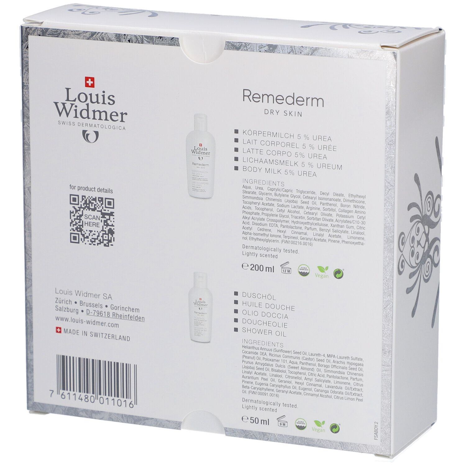 Achterkant van de geschenkdoos. Productinformatie, ingrediënten, QR-code, Louis Widmer logo, tekst.
