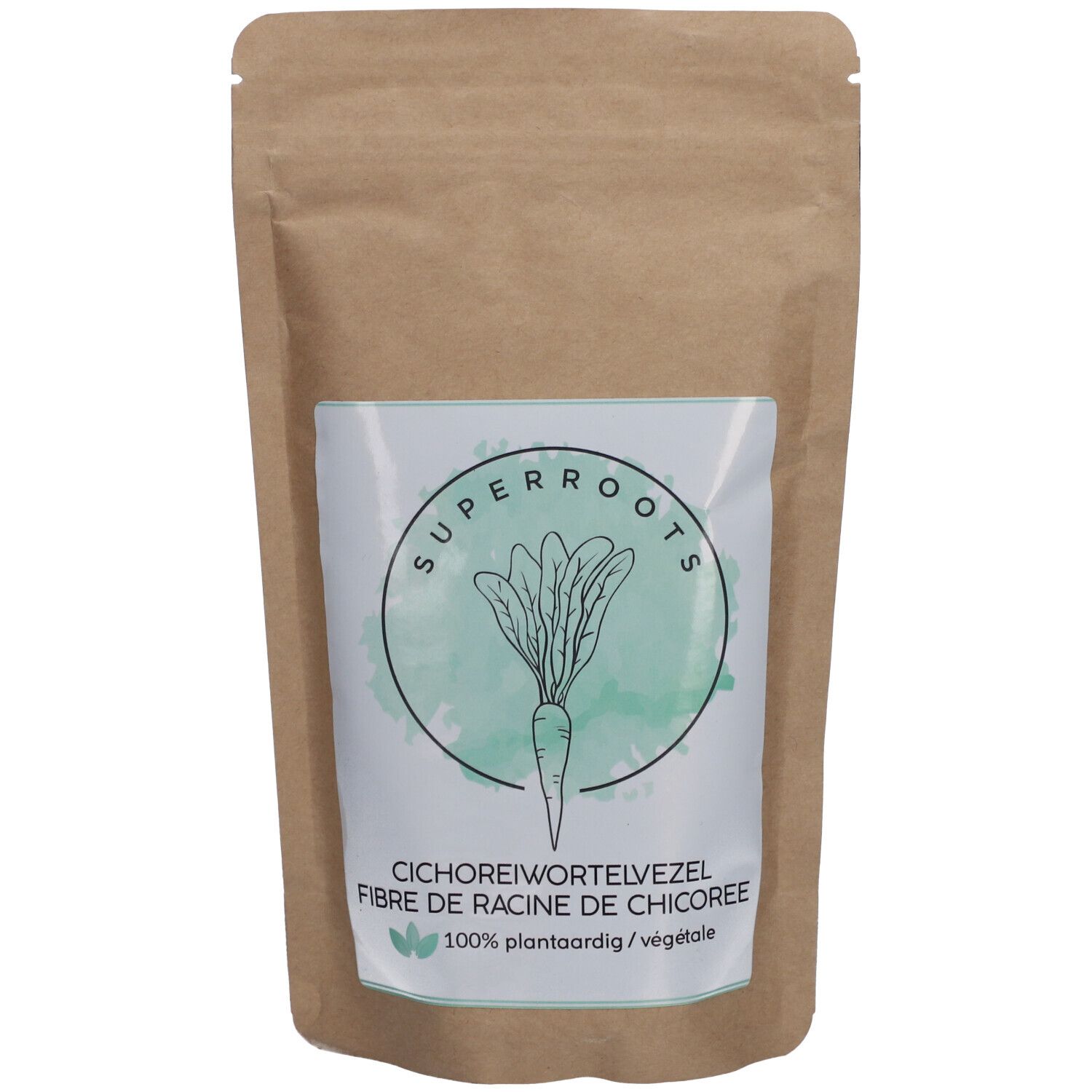 Beutel mit SuperRoots Faser aus Chicoréewurzel. Aufdruck mit Produktname und Illustration einer Wurzel.