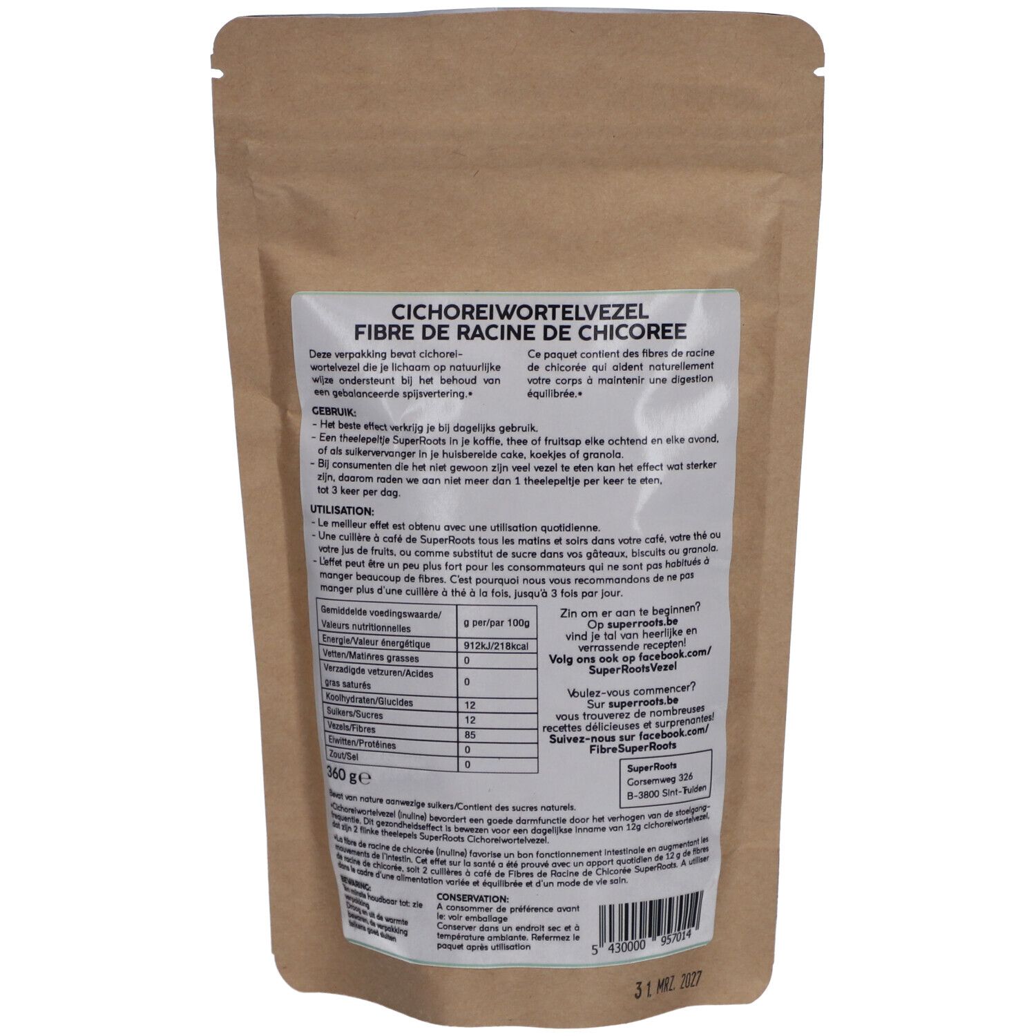 Rückseite des Beutels mit SuperRoots Faser aus Chicoréewurzel. Text mit Nährwertangaben und Inhaltsstoffen.