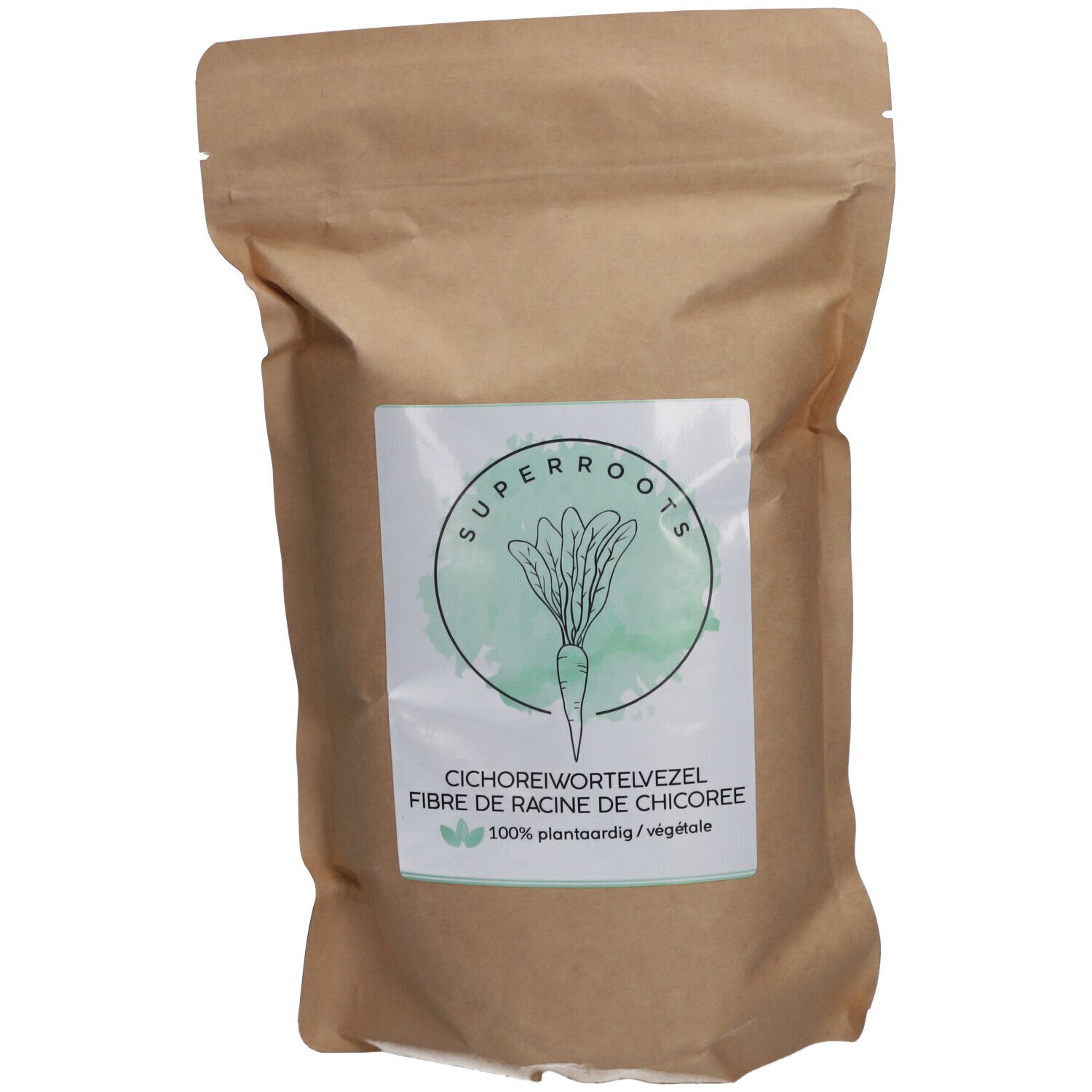 Sachet en papier avec logo. Logo avec racine de chicorée. Texte: SuperRoots, Fibre de racine de chicorée, 100% végétale.