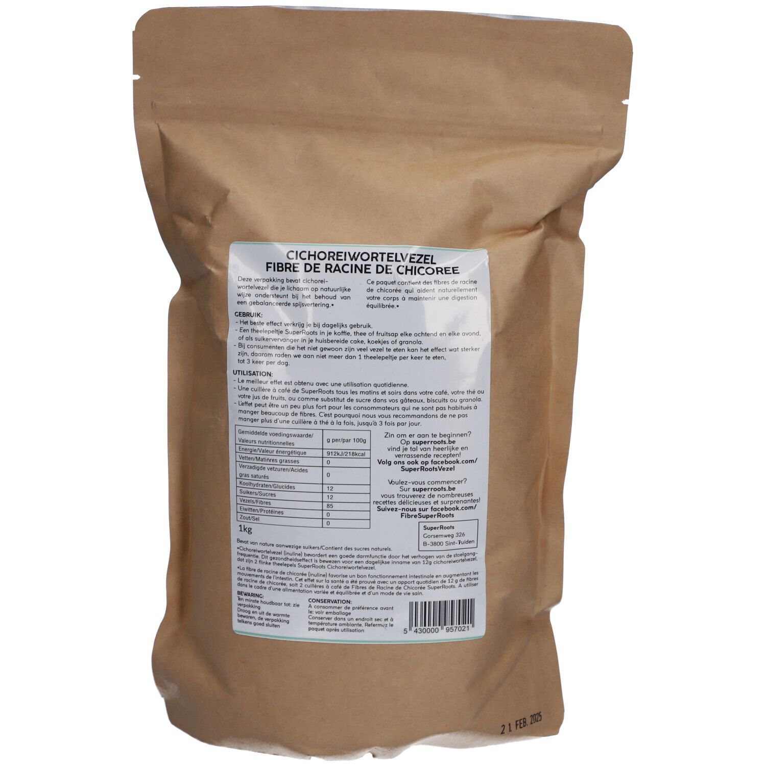 Dos du sachet. Texte: Fibre de racine de chicorée. Tableau nutritionnel. Texte en plusieurs langues.