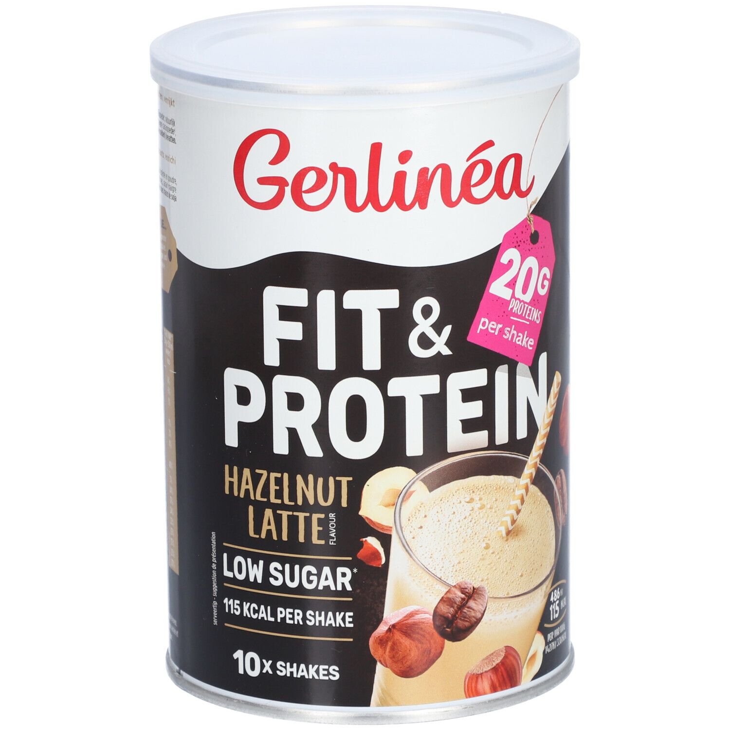 Boîte Gerlinéa Fit & Protein Shake Noisette Latté. Inscription : 20g de protéines par shake, faible en sucre, 115 kcal par shake, 10x shakes.