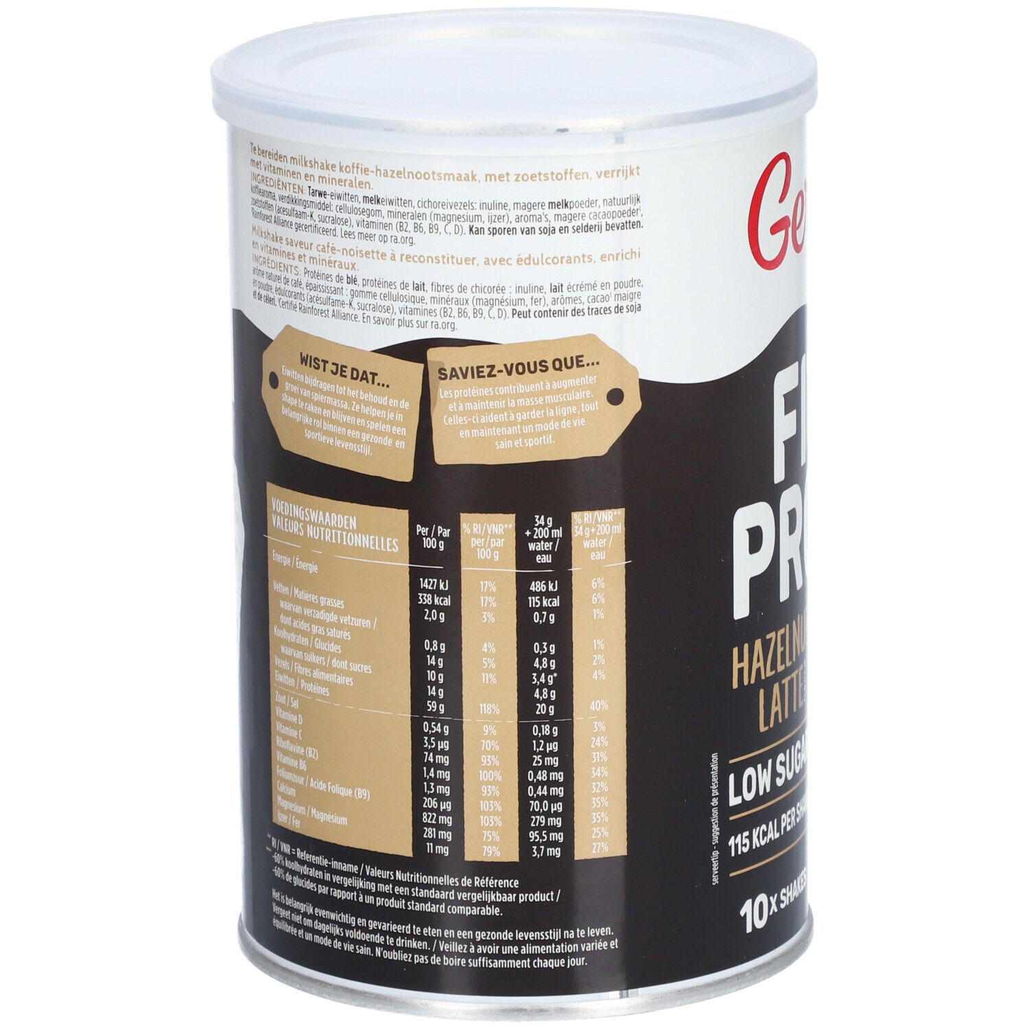 Dos de la boîte Gerlinéa Fit & Protein Shake. Contient des informations nutritionnelles et une liste d'ingrédients. Avec code QR et date limite.