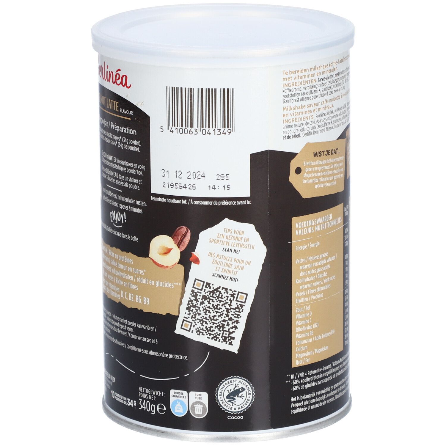 Dos de la boîte Gerlinéa Fit & Protein Shake. Avec code QR, date limite et informations nutritionnelles.