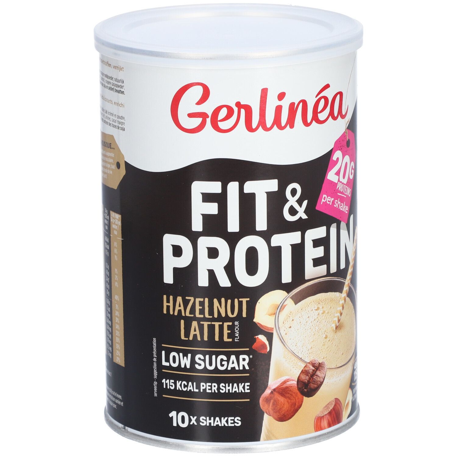 Boîte Gerlinéa Fit & Protein Shake Noisette Latté. Inscription : 20g de protéines par shake, faible en sucre, 115 kcal par shake, 10x shakes.
