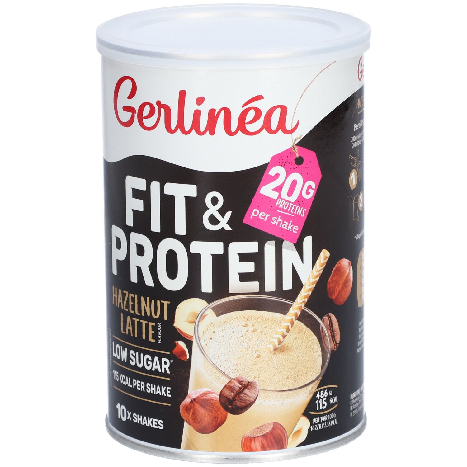 Boîte Gerlinéa Fit & Protein Shake Noisette Latté. Inscription : 20g de protéines par shake, faible en sucre, 115 kcal par shake, 10x shakes.