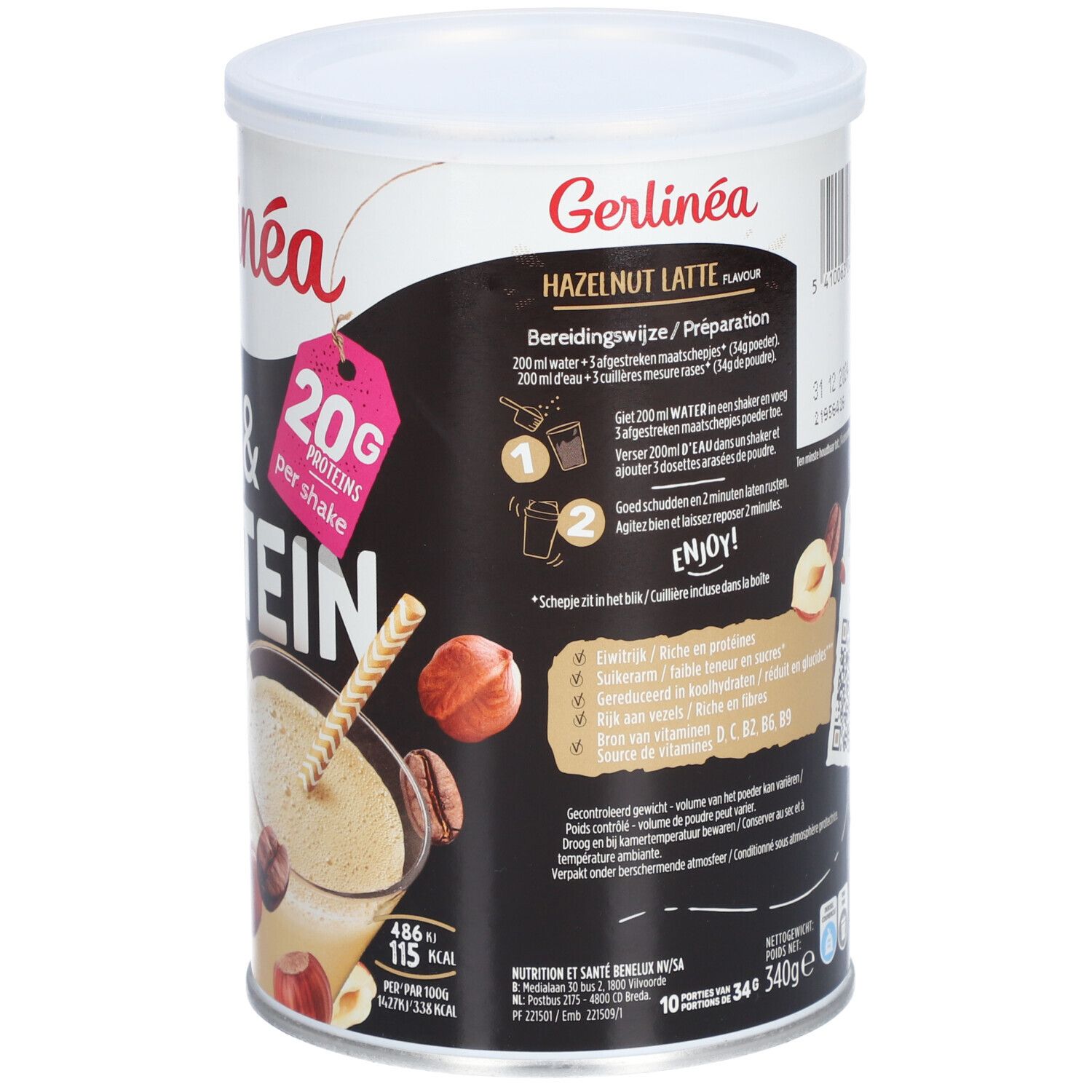 Boîte Gerlinéa Fit & Protein Shake Noisette Latté. Inscription : 20g de protéines par shake, faible en sucre, 115 kcal par shake, 10x shakes. Préparation au dos.