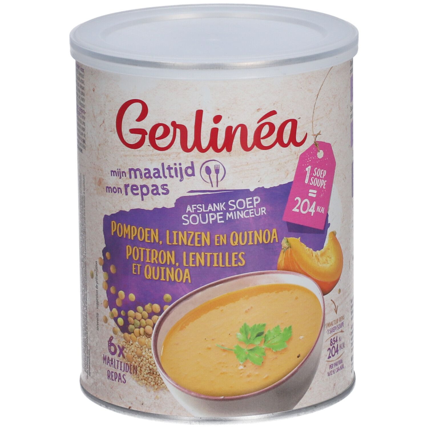 Boîte de soupe Gerlinéa. Inscription : Potiron, lentilles et quinoa. Illustration de soupe avec potiron et lentilles. 6 repas.