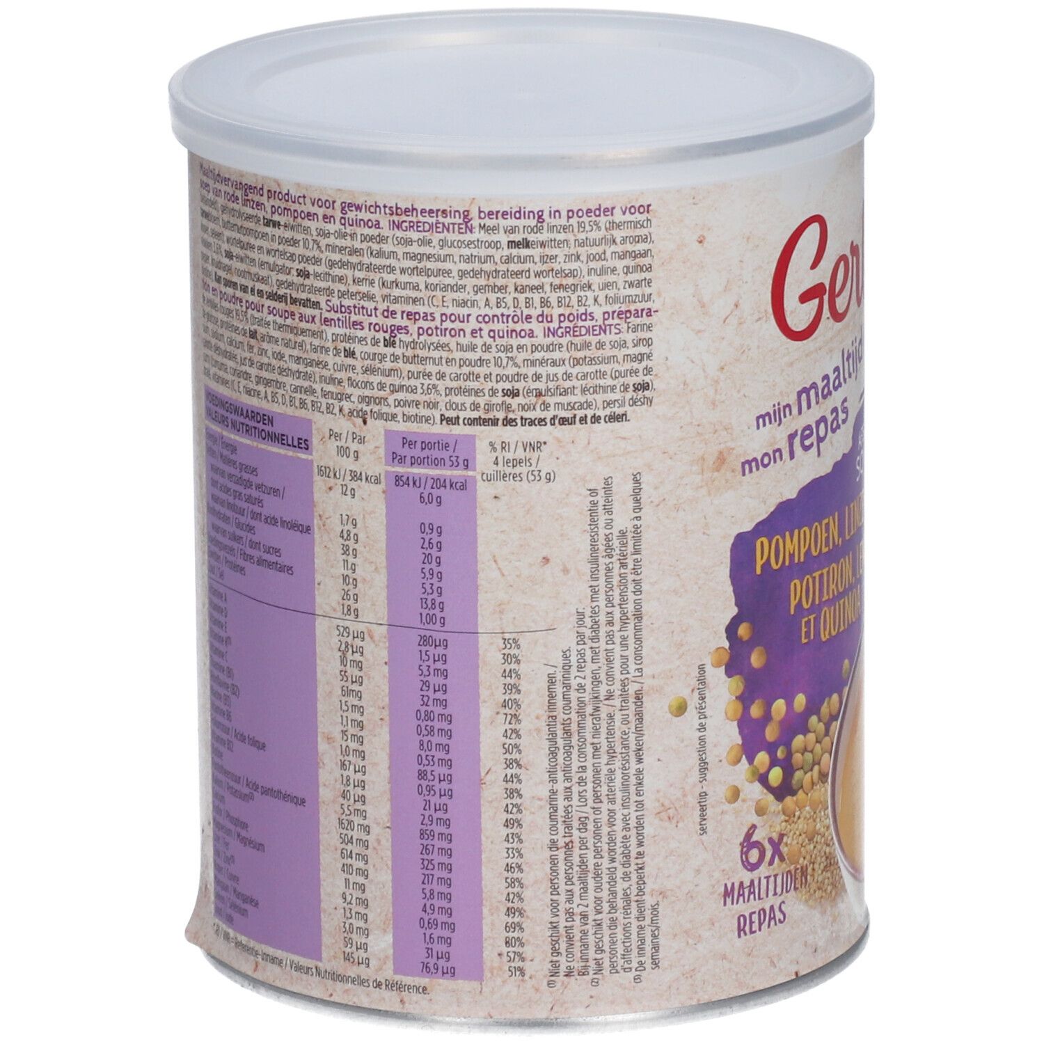 Dos de la boîte de soupe Gerlinéa. Texte avec informations nutritionnelles et ingrédients. Inscription : Potiron, lentilles et quinoa. 6 repas.